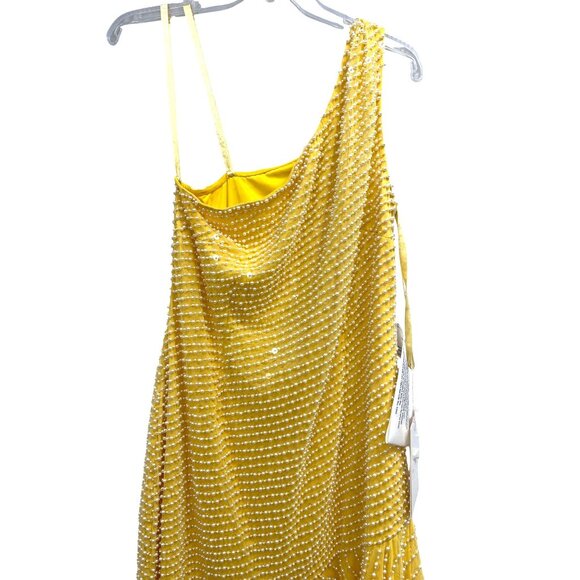 Mac Duggal One Shoulder Pearl Sequin Yellow Asymmetrical Formal Gown Dress NWT - Picture 5 of 12